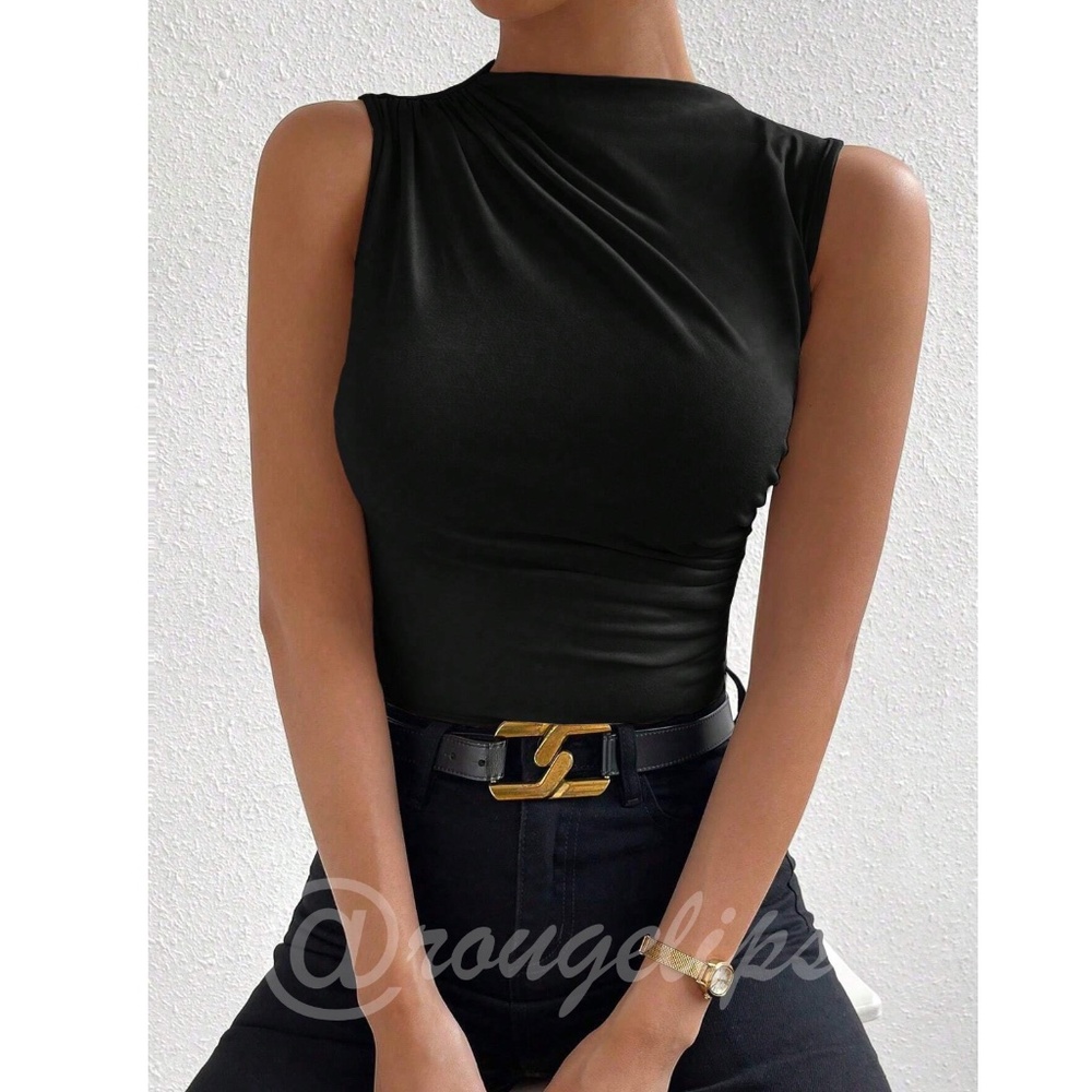 Ruched Black Asymmetrical Sleeveless Shirt Top Stretchy - Picture 4 of 11
